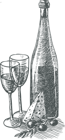 bottiglia di vino, calice in bianco e nero